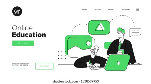 Presentation slide template or landing page website design. Business concept illustrations. Modern flat outline style. Online education courses