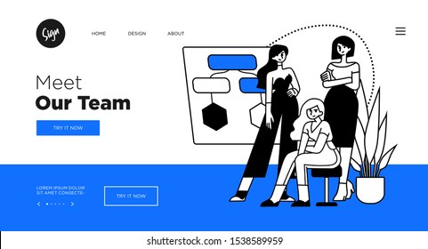 Presentation slide template or landing page website design. Business concept illustrations. Modern flat outline style. Teamwork concept