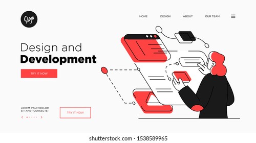 Presentation slide template or landing page website design. Business concept illustrations. Modern flat outline style. Design And Development