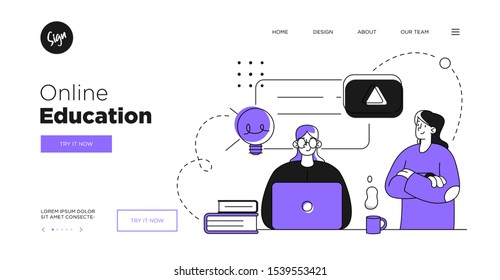 Presentation slide template or landing page website design. Business concept illustrations. Modern flat outline style. Online education courses