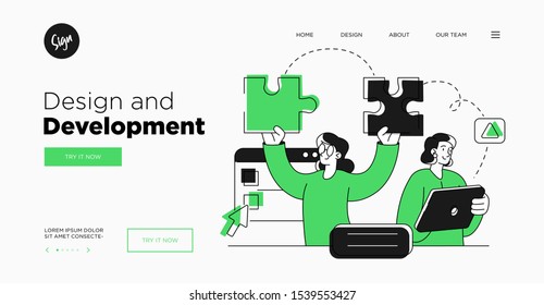 Plantilla de diapositivas de presentación o diseño de Sitio web de página de destino. Ilustraciones de concepto de negocio. Estilo de contorno plano moderno. Diseño Y Desarrollo