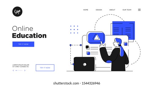 Presentation slide template or landing page website design. Business concept illustrations. Modern flat outline style. Online education courses