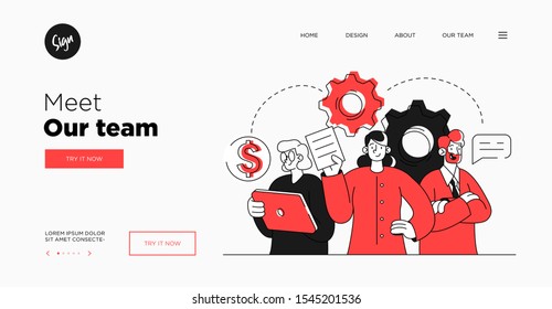 Presentation slide template or landing page website design. Business concept illustrations. Modern flat outline style. Teamwork concept