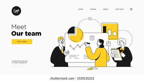 Plantilla de diapositivas de presentación o diseño del sitio web de la página de inicio. Ilustraciones del concepto empresarial. Estilo moderno de contorno plano. Concepto de equipo
