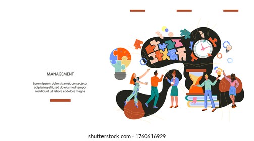 Plantilla de diapositivas de presentación o página de inicio de la página web de maquillaje para la gestión de negocios y el liderazgo de la empresa. Trabajo en equipo y cooperación, asociación y concepto de reunión. Ilustración vectorial de dibujos animados.