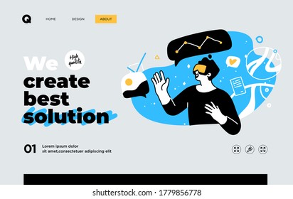 Presentation slide template or landing page website design. Business concept illustrations. Modern flat outline style. Research innovations and solutions