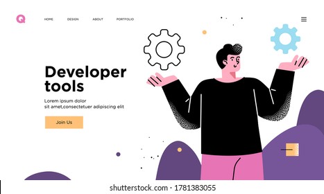 Presentation slide template or landing page website design. Business concept illustrations. Modern flat outline style. Software development tools
