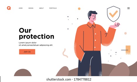 Presentation slide template or landing page website design. Business concept illustrations. Modern flat outline style. Security concept