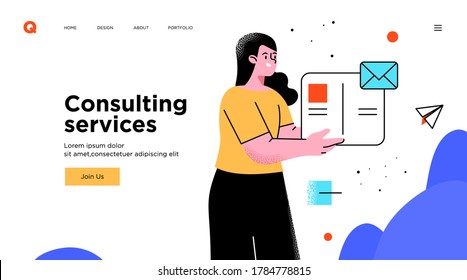 Präsentation der Folie Vorlage oder Landing Page Website Design. Illustrationen zum Geschäftskonzept. Moderner Flachstil. Beratungs-Dienstleistungskonzept