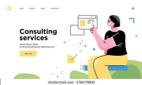Presentation slide template or landing page website design. Business concept illustrations. Modern flat outline style. Consulting service concept