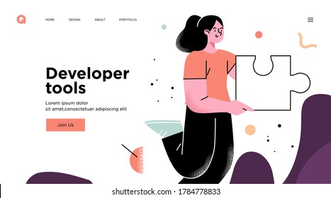 Presentation slide template or landing page website design. Business concept illustrations. Modern flat outline style. Software development tools