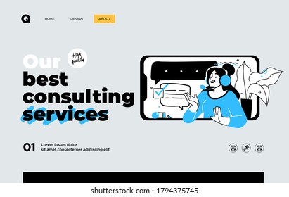 Presentation slide template or landing page website design. Business concept illustrations. Modern flat outline style. Support service
