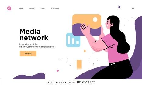 Presentation slide template or landing page website design. Business concept illustrations. Modern flat outline style. Online media