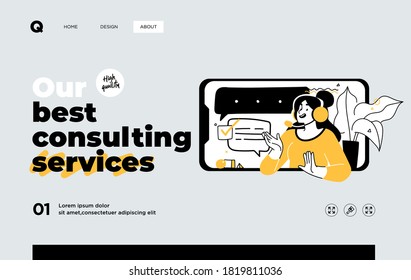Presentation slide template or landing page website design. Business concept illustrations. Modern flat outline style. Support service