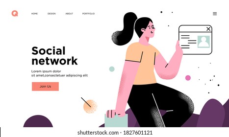 Presentation slide template or landing page website design. Business concept illustrations. Modern flat outline style. Online media