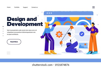 Presentation slide template or landing page website design template. Trendy Flat Design Design and Development concept. Vector Illustration