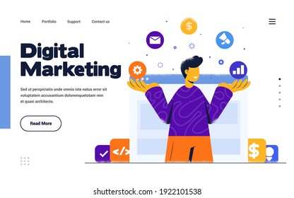 Presentation slide template or landing page website design template. Trendy Flat Design Digital Marketing concept. Vector Illustration