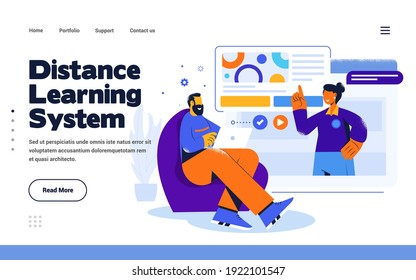 Presentation slide template or landing page website design template. Trendy Flat Design Distance Learning System concept. Vector Illustration
