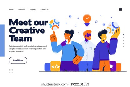 Presentation slide template or landing page website design template. Trendy Flat Design Meet our Creative Team concept. Vector Illustration