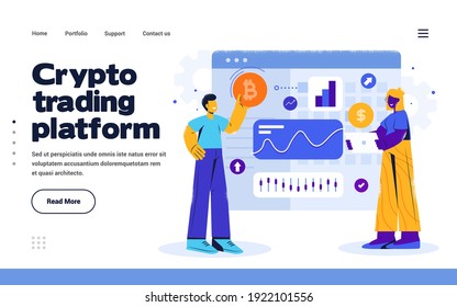 Presentation slide template or landing page website design template. Trendy Flat Design Cryptocurrency trading platform concept. Vector Illustration