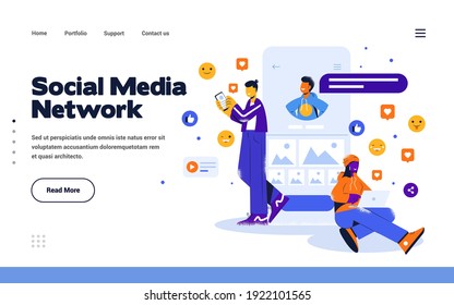 Presentation slide template or landing page website design template. Trendy Flat Design Social Media Network concept. Vector Illustration