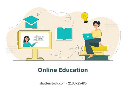 Presentation slide template or landing page website design. Modern flat outline style. Online education courses