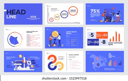 Presentation slide templates and business brochures. Set of modern minimalistic Blue infographic elements for web, print, magazine, flyer, brochure, media, marketing and advertising concepts. Vector