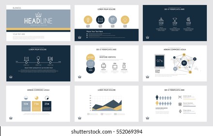 Presentation slide templates and business brochures, dark blue theme. Set of modern infographic elements for web, print, magazine, flyer, brochure, media, marketing and advertising concepts. Vector