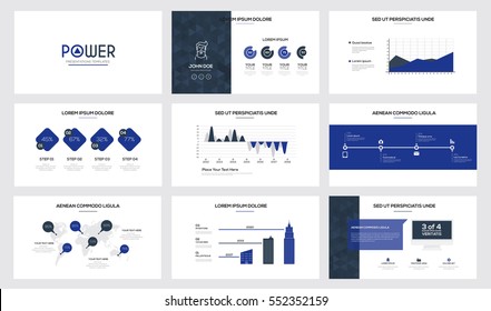 Presentation slide templates and business brochures, modern blue theme. Set of modern infographic elements for web, print, magazine, flyer, brochure, media, marketing and advertising concepts. Vector