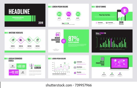 Presentation slide templates and business brochures. Set of modern minimalistic vivd infographic elements for web, print, magazine, flyer, brochure, media, marketing and advertising concepts. Vector
