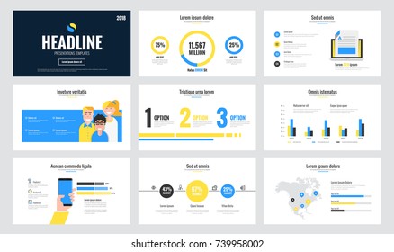 Presentation slide templates and business brochures. Set of modern minimalistic vivd infographic elements for web, print, magazine, flyer, brochure, media, marketing and advertising concepts. Vector