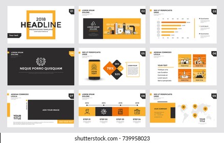 Plantillas de diapositivas de presentación y folletos comerciales. Conjunto de modernos elementos de infografía para la web, impresión, revista, volante, folleto, medios de comunicación, marketing y publicidad. Ilustración vectorial