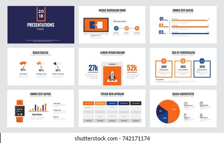 Presentation slide templates and business brochures. Set of modern minimalistic infographic elements for web, print, magazine, flyer, brochure, media, marketing and advertising concepts. Vector