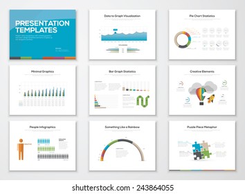 Presentation slide templates and business vector brochures. Big set of modern infographic vector elements for web, print, magazine, flyer, brochure, media, marketing and advertising concepts.