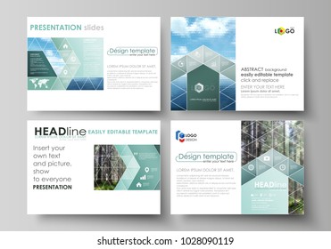 Presentation slide templates. Easy editable abstract vector layouts in flat design. Colorful background, triangular or hexagonal texture, travel business, natural landscape, polygonal style.