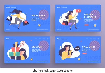 Presentation slide templates or hero banner images for websites, or apps. Shopping concept illustrations. Modern flat style. Vector