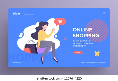 Presentation slide templates or hero banner images for websites, or apps. Shopping concept illustrations. Modern flat style. Vector