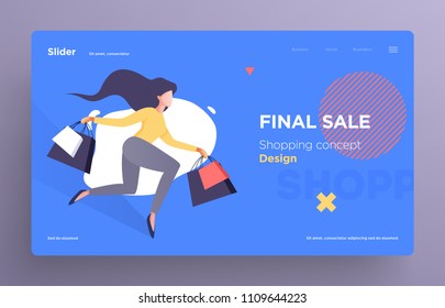 Presentation slide templates or hero banner images for websites, or apps. Shopping concept illustrations. Modern flat style. Vector