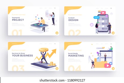 Presentation slide templates or hero banner images for websites, or apps. Business concept illustrations. Modern flat style. Vector