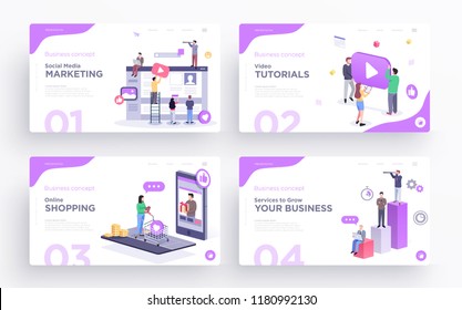 Presentation slide templates or hero banner images for websites, or apps. Business concept illustrations. Modern flat style. Vector