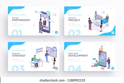 Presentation slide templates or hero banner images for websites, or apps. Business concept illustrations. Modern flat style. Vector