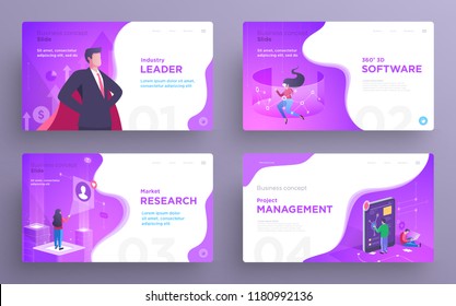 Plantillas de diapositivas de presentación o imágenes de banners heroicos para sitios web o aplicaciones. Ilustraciones del concepto empresarial. Estilo moderno y plano. Vector