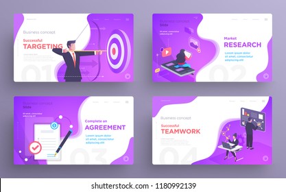 Presentation slide templates or hero banner images for websites, or apps. Business concept illustrations. Modern flat style. Vector