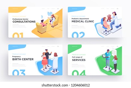 Presentation slide templates or hero banner images for websites, or apps. Medical concept illustrations. Modern isometric style. Vector