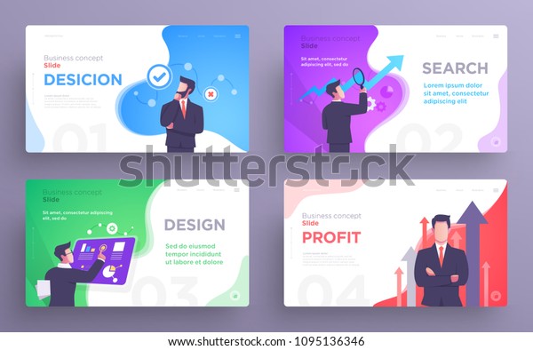 Presentation slide templates or hero banner images\
for websites, or apps. Business concept illustrations. Modern flat\
style. Vector