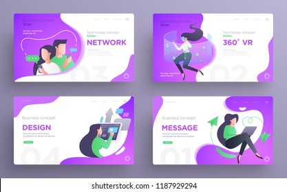 Presentation slide templates or hero pages for websites, or apps. Business concept illustrations. Modern flat style. Vector