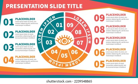 Präsentation Folie mit dreifarbiger Rundfunk-Infografik in 3 Gruppen und 9 Sektoren. Hell blau-orange-rote Vektorgrafik 16:9-Seitenvorlage mit Grafiken und Text