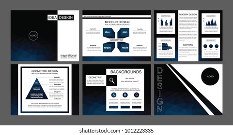 Presentation slides background vectors. Deep blue polygonal design. Seminar sheets, meeting leaflet, brochure templates.