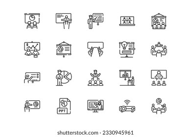 Presentation Slides and Projectors lines icon set. Presentation Slides and Projectors genres and attributes. Linear design. Lines with editable stroke. Isolated vector icons.