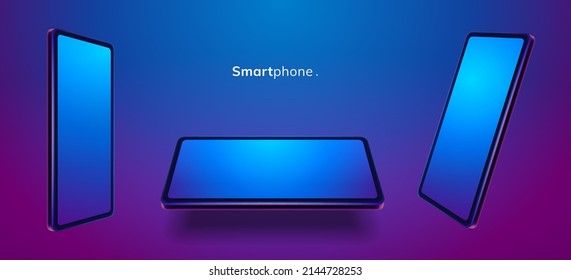 Presentation of smartphone, 3d mobile phone in different positions and sides shown. Vector realistic cartoon tablet with neon gradient background. Ultra thin display of gadgets, modern technologies